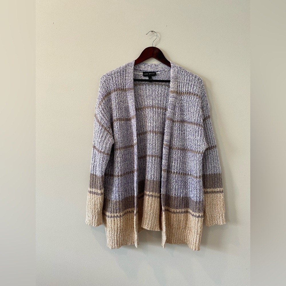Lane Bryant Cardigan Knit Sweater 14/16 Long Open Front Fuzzy Cozy Varsity